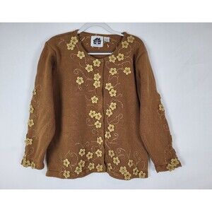Storybook Knits Floral Cardigan Sweater Applique Beaded Flowers Womens 1X Brown